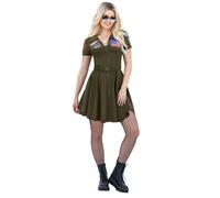 Smiffys Top Gun Ladies A-Line Dress Costume, Official Licensed Top Gun Movie Outfit, Green Military Dress with Belt & Pilot Badges, Women’s Aviator Halloween Fancy Dress, 80s Film Party, large