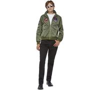 Smiffys Top Gun Maverick Bomber Jacket, Adults Green Jacket with Applique Badges, Official License Outfit, Faux Leather, Official Top Gun Halloween Fancy Dress