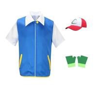 (top hat gloves, L) Cosplay Anime Ash Ketchum Clothes Men Blue Jacket Costume Boys Girls Cosplay for Party Trainer Pokemon Cap Gloves Set