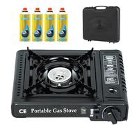 Top Home SolutionsĀ® Camping Stove - Portable Gas Stove Black With Carry Case & 4 Butane Gas Canisters, Heat Control, EN417 Compliant, Auto Ignition, Camping Cooker for Picnic, Garden & Outdoor