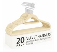 Top Home Solutions® Velvet Hangers - 20 Pcs Premium Non-Slip Space Saving Clothes Hangers With Tie Bar, Notched Shoulder, 360° Swivel Hook, Sturdy For Heavier Garments 45 x 24 Cm (Beige)