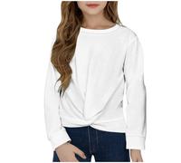 Top Kids Girls 4-12 Years White Twisted Front Pullover Teen Clothes Crewneck Shirts Long Sleeve Jumper Back To School Sweatshirt Fall Winter Christmas