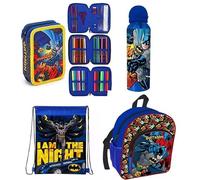 Top Linen (NW) Ltd Kids Character 4-Piece Set - Backpack, Gym Bag,Water Bottle & Filled Pencil Case Characters for Boys and Girls Perfect for School,Sports,Travel,and More! (Batman Deluxe)