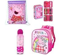 Top Linen (NW) Ltd Kids Character 4-Piece Set - Backpack, Gym Bag,Water Bottle & Filled Pencil Case Characters for Boys and Girls Perfect for School,Sports,Travel,and More! (Peppa Pig Hooray)