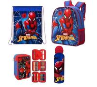 Top Linen (NW) Ltd Kids Character 4-Piece Set - Backpack, Gym Bag,Water Bottle & Filled Pencil Case Characters for Boys and Girls Perfect for School,Sports,Travel,and More! (Junior Spiderman)