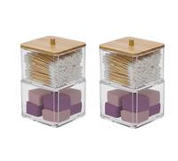 TOP-MAX 2 PCS 2-Tier AcrylicCotton Wool Pad Holder, Stackable Bathroom Canister with Bamboo Lid, Clear Square Storage for Cotton Buds and Wool Pads, Cosmetic Organiser, Dressing Table Accessory