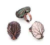 Top Plaza Handmade Retro Vintage Copper Wire Wrapped Life Tree Oval Gemstone Healing Crystal Adjustable Ring Bronze Band Size 6 7 8, 4 UK, Metal, Crystal