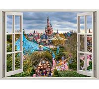 TOP PRINTS Disneyland Castle Paris 3D Window Smashed Wall Sticker Poster Decal Mural Bedroom Art 90 (90x65cm)