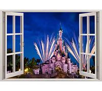 TOP PRINTS Disneyland Castle Paris Night 3D Window Smashed Wall Sticker Poster Decal Mural Bedroom Art 87 (120x85cm)