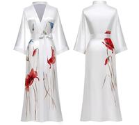 Top Sale Soft Lightweight Satin Kimono Bath Robe Dressing Gown Pyjama Long Sleeve, Full Length, Free Size (UK, Alpha, One Size, Regular, Regular, Devine White)