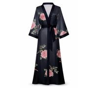 Top Sale Soft Lightweight Satin Kimono Bath Robe Dressing Gown Pyjama Long Sleeve, Full Length, Free Size (UK, Alpha, One Size, Regular, Regular, Black Blush)