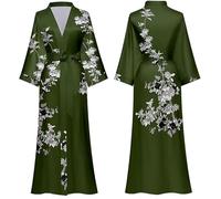Top Sale Soft Lightweight Satin Kimono Bath Robe Dressing Gown Pyjama Long Sleeve, Full Length, Free Size (UK, Alpha, One Size, Regular, Regular, Olive Oasis)