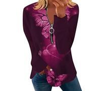 Top Selling Items Winter Jumpers for Women UK Women's Autumn And Winter Round Neck Zipper Long Sleeve Butterfly Print T Shirt Christmas Christmas Clearance UK (Hot Pink, XXL)