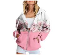 Top Selling Items Zip Up Hoodie Women Oversized Floral Print Drawstring Hooded Sweatshirts Casual Loose Long Sleeve Blouse Tee Essential Today's Deals of The Day Clearance Pink