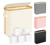Top-spring 32L Toilet Roll Storage, Toilet Paper Storage Basket with Lid, Waterproof Loo Box with Handle for 16 Rolls, Bamboo Bathroom Container (Beige)