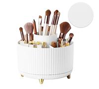 Top-spring 360° Rotating Makeup Organiser, Spinning Makeup Brush Holder with Anti-slip Mat, Make Up Storage 5 Compartments for Skincare Perfumes Cosmetics Bathroom Bedroom Stationery Storage (White)