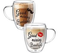 Top-spring Double Walled Glass Coffee Cups for Couples, Insulated Latte Glasses Couple Mugs Set of 2, Mug Tea Cups with Handles, Heat Resistant, 350ml Cappuccino Espresso Cup