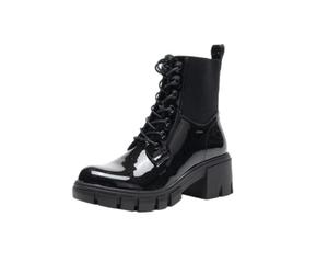 TOP STAKA Womens Winter Ankle Boots Lace Up Fasterning Zip Closure Black Patent Boots Elastic Band Block Heel Shoes Platform Boots Insulating UK Size 3-7.5 Style A68090