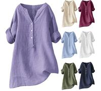 Top Tops Loose Breathable Tunic Women Cotton Linen Tee Shirt Women Large Size Top Chic And Elegant Blouse Stand Collar Top Solid Color Tops Half Sleeve Shirt Long Shirts Elegant Jacket, AD, 5XL