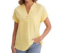 Top Tops Loose Breathable with Pocket Teeshirt Women Cotton V Neck Button Down Short Sleeve Tee Shirt Women Large Size Shirt Linen Shirts Basic Blouse Casual Top Solid Color Summer Tops, Yellow, XL