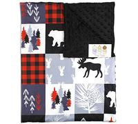 Top Tots “Woodland Animals Collection” Minky Baby Blanket, Moose, Bear, Deer Heads, Trees and Vines, Red and Black Plaid with White and Gray, 29 Inches by 39 Inches, Includes 1-Year Warranty