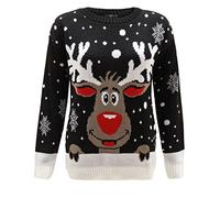 TOP VENDOR New Ladies Women Crew Neck Long Sleeve Knitted Reindeer Rudolph Xmas Christmas Jumper Sweater Size 8-30[Black,M]