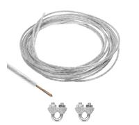 TOP-VIGOR 3mm Vinyl Coated Wire Rope, 6m / 20ft Galvanized Steel Cable Wire Rope Cable Grip with 2Pcs M3 U Bolt Saddle Cable Clip Clamps for String Light Hanging, Deck Railing, Garden Wire, Clear