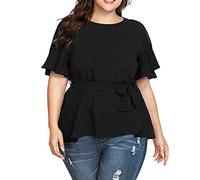 Top with Blouse Knot Plus Solid Short Women's Shirts in the Size of a Belt Clothing, black, 5XL