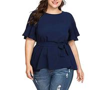 Top with Blouse Knot Plus Solid Short Women's Shirts in the Size of a Belt Clothing, blue, 4XL