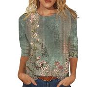 Top Women's Party Comfortable T-Shirts for Women, Summer, Crew Neck, Three Quarter Sleeves, Comfortable Blouse with Floral Print, Trouser Suit, Mother of the Bride, Green, S