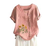 Top Women's Tight Cotton Linen Loose Fit Casual Sunflower Floral Print Short Sleeve Button Pullover & Cardigans For Women, pink, XXXL