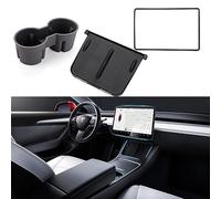 TOPABYTE 3PCS Center Console Accessories for Tesla Model Y 2021-2024 and Model 3 2021-2023 Cup Holder Insert, Screen Edge Protector Frame, Silicone Wireless Charger Mat, Black