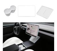 TOPABYTE 3PCS Center Console Accessories for Tesla Model Y Juniper Model 3 Highland 2025 2024 Cup Holder Insert, Screen Edge Protector Frame, Wireless Charger Mat Silicone, White