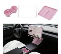 TOPABYTE 3PCS Center Console Accessories for Tesla Model Y Juniper Model 3 Highland 2025 2024 Cup Holder Insert, Screen Edge Protector Frame, Wireless Charger Mat Silicone, Pink