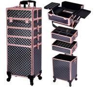 TOPACK Professional 4-In-1 Rolling Makeup Train Case, Large Makeup Travel Case with Key Shoulder Strap/Handle Cushion I Makeup Train Case I Makeup Nail Cart I Cosmetology Case on Wheels(Black Glod)