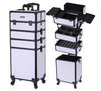 TOPACK Professional 4-In-1 Rolling Makeup Train Case, Large Makeup Travel Case with Key Shoulder Strap/Handle Cushion，Makeup Train Case Organizer，Cosmetology Case on Wheels I White