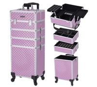 TOPACK Professional 5-In-1 Rolling Makeup Train Case, Large Makeup Travel Case with Key Shoulder Strap/Handle Cushion I Makeup Train Case Organizer I Cosmetology Case on Wheels I Pink