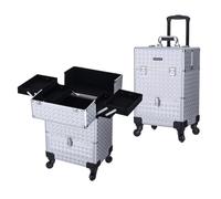 TOPACK Rolling Makeup Train Case,360°Rotaing Wheel Aluminum Cosmetic Case with Trolley 4-Tray for Tattoo/Barber/Nail Tech Travel Cart Organizer 13.1 * 9.8 * 18.3in (SILVER)