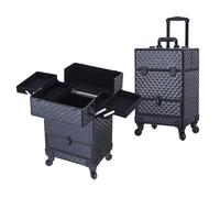 TOPACK Rolling Makeup Train Case,360°Rotaing Wheel Aluminum Cosmetic Case with Trolley 4-Tray for Tattoo/Barber/Nail Tech Travel Cart Organizer 13.1 * 9.8 * 18.3in BLACK (BLACK)