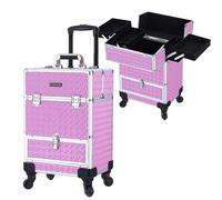 TOPACK Rolling Makeup Train Case,Professional Cosmetology Case on Wheels,Large Cosmetic Organizer Trolley Case,Makeup Travel Case with Draws,Nail Artist Hairstylist Storage Traveling Cart Trunk,Pink