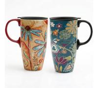Topadorn 17oz Ceramic Travel Mug 2 Pack Set with Lid and Gift Box, Floral
