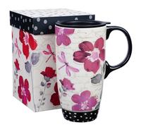 Topadorn 17oz Ceramic Travel Mug with Lid and Gift Box, Purple Floral Print