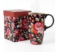 Topadorn 17oz Ceramic Travel Mug with Lid and Gift Box, Rose Floral Print