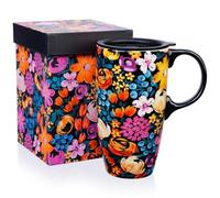 Topadorn 17oz Ceramic Travel Mug with Lid, Dark Floral Bouquet Coffee Cup