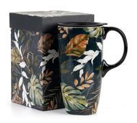Topadorn 17oz Ceramic Travel Mug with Lid & Gift Box, Leaf Print
