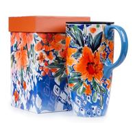 Topadorn 17oz Ceramic Travel Mug with Lid & Gift Box, Orange Flower