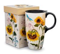 Topadorn 17oz Ceramic Travel Mug with Lid & Gift Box, Retro Sunflower
