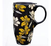 Topadorn 17oz Ceramic Travel Mug with Lid & Gift Box, Yellow Floral Print