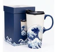 Topadorn 17oz Ceramic Travel Mug with Lid, Hokusai Great Wave Coffee Mug