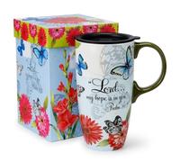 Topadorn 17oz Floral Butterfly Ceramic Travel Mug with Lid & Gift Box